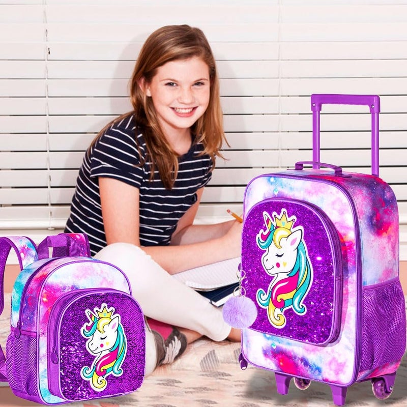 FTJCF Store 2PCS Girls Suitcase Set, 18" Kids Unicorn Carry on Luggage with Wheels, Cute Sequin Children Travel Rolling with 12" Toddler Backpack(Purple) - Image 5